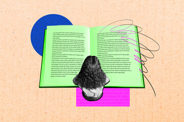 Composite creative art collage of anonym girl read book text education student session preparations...