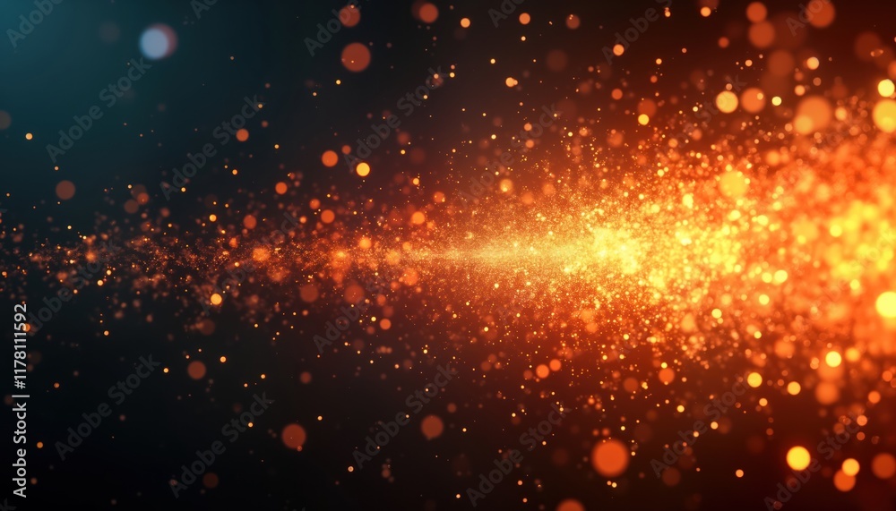 Poster Dynamic motion graphics display colorful energy blasts. Abstract visuals depict powerful elemental energy. Vibrant orange particles move across dark backdrop. Intense visuals create impact. Evokes