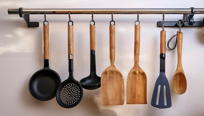 wooden and black plastic kitchen utensils elegantly displayed on a metal rail enhance culinary creativity in modern kitchens