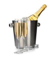 Champagne and bucket with ice isolated on white