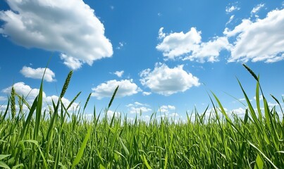 Obraz premium Green grass field under blue sky with fluffy white clouds.
