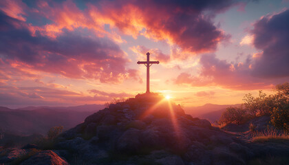 Fototapeta premium Crucifixion Of Jesus Christ - Cross At Sunset