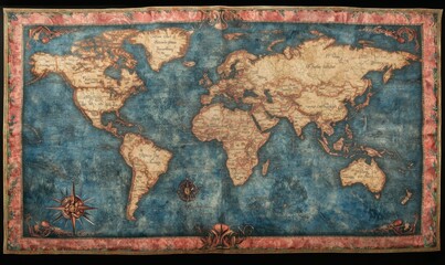 Fototapeta premium A colored world map on a blue background with continents labeled and country borders indicated.