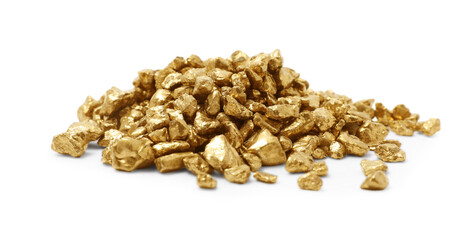 Heap of gold nuggets isolated on white