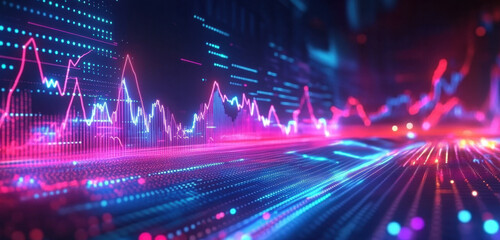 Fototapeta premium Abstract representation of financial data and stock market trends with glowing graphs and futuristic details. 