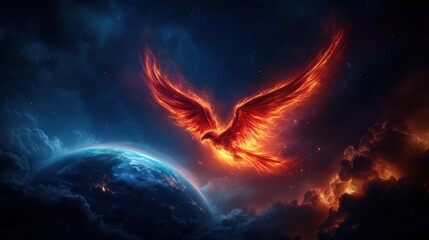 Fototapeta premium Majestic Phoenix Rising from Cosmic Clouds with Fiery Wings Glowing in a Celestial Environment