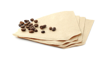 Paper coffee filters and beans isolated on white