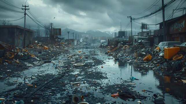 Post apocalyptic city street covered in debris and garbage reflecting in polluted water