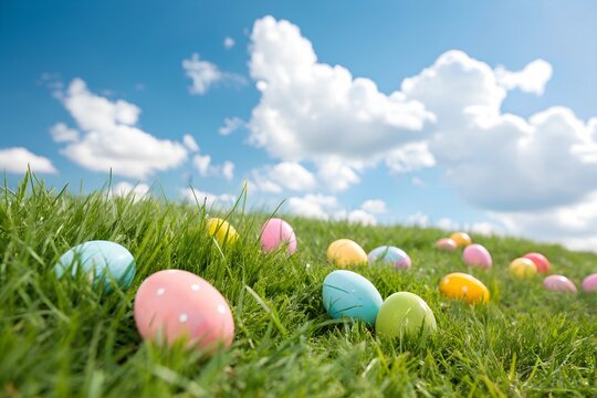 Colorful easter eggs hidden in lush green grass on a sunny spring day