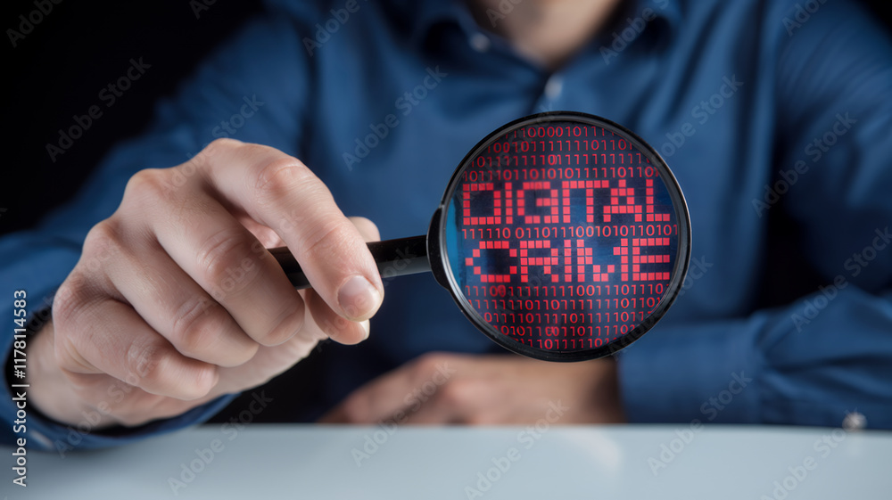 Poster Businessman Holding Magnifying Glass with Binary Code and Red Digital Crime Wording for Focus and Analysis in Hacker Concept Imagery