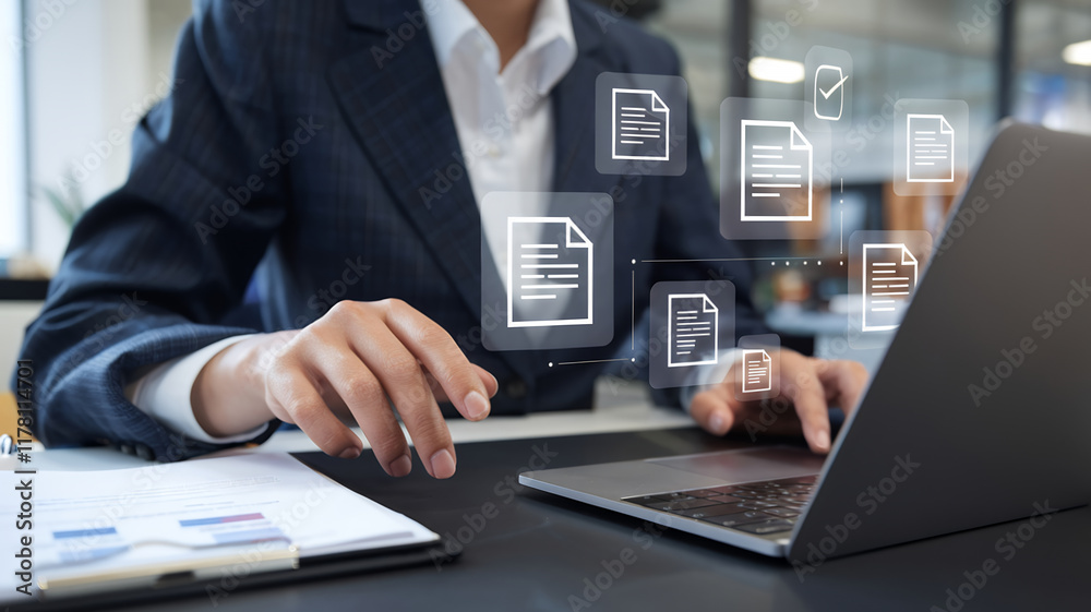 Aufkleber Businessman Touching Approved Document Icon on Digital Documents: A Visual Representation of Quality Assurance and Online Evaluation for Business Project Proposals