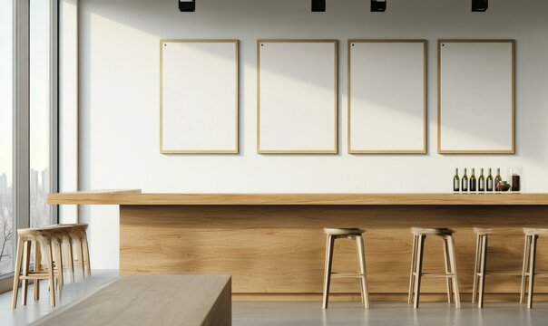 A modern, minimalistic kitchen with a wooden bar and empty white boards on the wall.