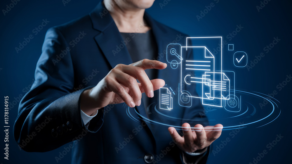 Poster businessman engaging with digital document approval for project proposals in modern work environment