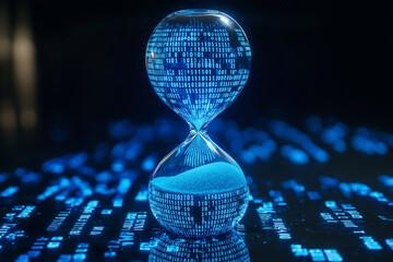 a futuristic hourglass with binary code as the sand