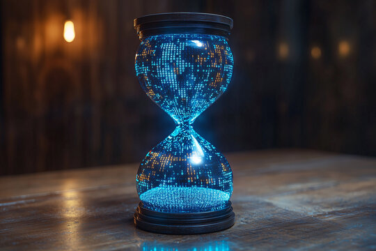 a futuristic hourglass with binary code as the sand - Powered by Adobe