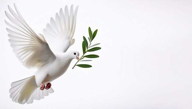 white dove of peace flying with green olive twig isolated on white background with space for text