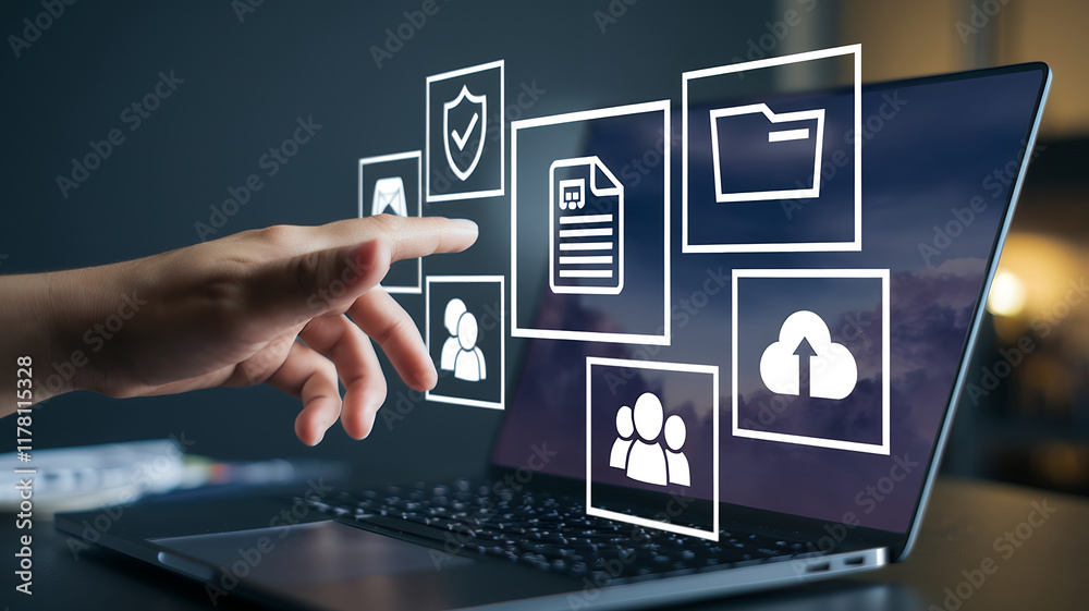 Poster Businessman Utilizing a Laptop for Document Management Solutions and Online Database System for Efficient Record Keeping and File Access