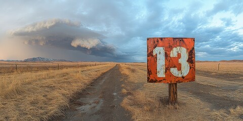 The number 13 on a weathered red signpost in an expansive, open landscape of dry grass with a dramatic sky and ominous cloud formation in the background.