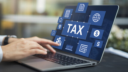 Businessman Using a Laptop to Complete Individual Income Tax Return Form Online for Tax Payment Efficiently and Securely