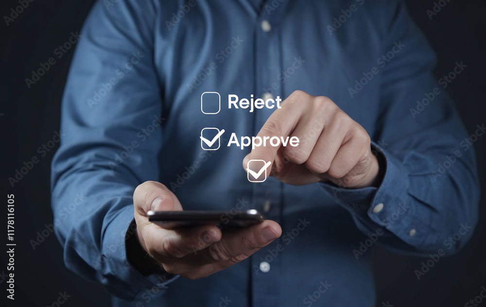 Poster businessman using smartphone to approve quality document and project approval concept for business s