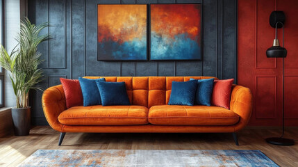 A living room with bold jewel tones, velvet furniture, and abstract wall art