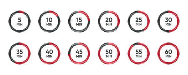 Set of timer. Countdown clock timer. Minutes counting collection. 5, 10, 15, 20, 25, 30, 35, 40, 50, 60 minutes vector illustration.