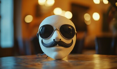 A mask with a mustache and sunglasses on a table, suggesting an amusing performance or costume party.