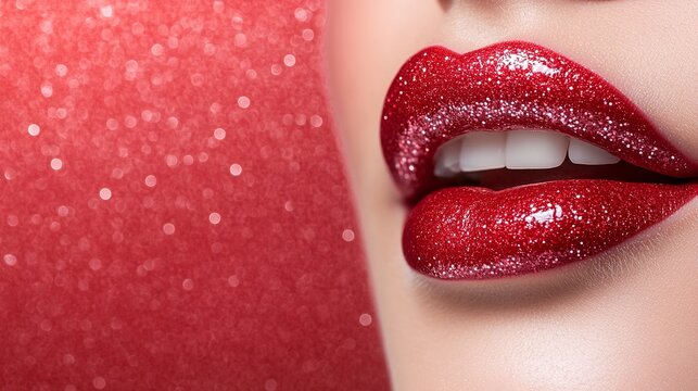 Bright red lips shimmer with glittery gloss against a sparkling red backdrop, showcasing a vibrant and glamorous makeup style perfect for special occasions
