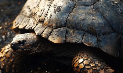 Naklejka premium A close-up of an ancient tortoise, showing its unique texture and age.