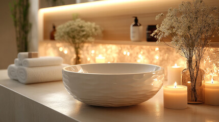 A spa-inspired powder room with a unique vessel sink, soft lighting, and aromatic candles