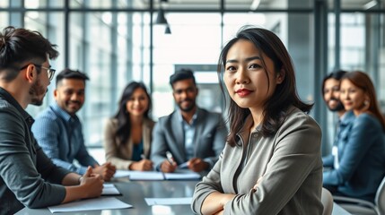 Fototapeta premium Confident Businesswoman Leading a Diverse Team Meeting in Modern Conference Room