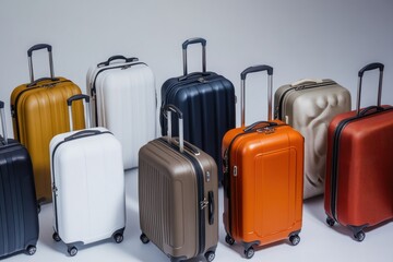Group of stacked suitcases on the floor, often used in travel and adventure scenes