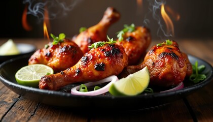 Delicious tandoori chicken pieces on plate. Charred, flavorful. Aromatic spices, herbs used. Served with lime wedges, onions. Indian food style. Ideal for dinner lunch. Perfect for restaurant menus