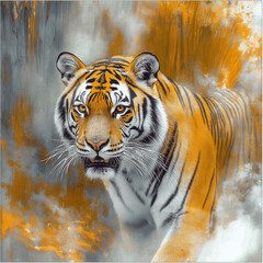 Obraz premium Majestic tiger walking through a misty forest with warm orange tones, copy space