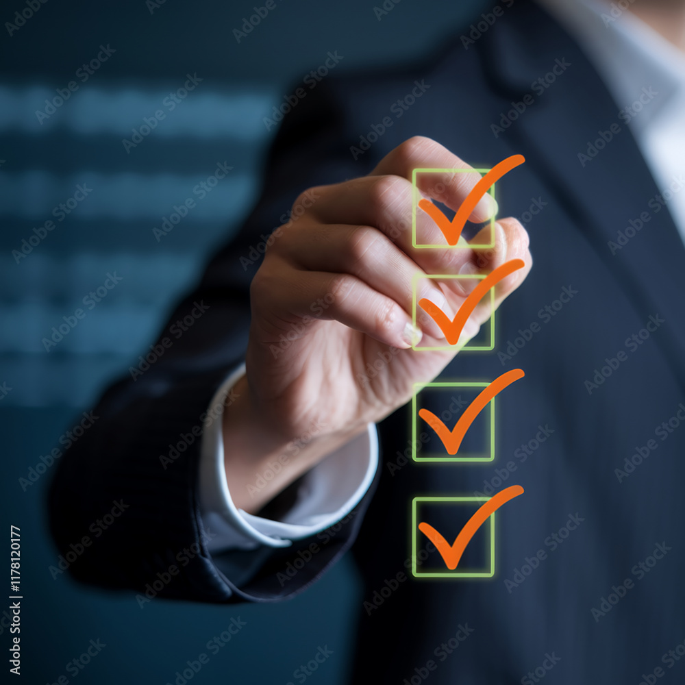 Poster Businessman Conducting a Quality Check: Utilizing a Smartphone for Online Surveys and Assessments with a Comprehensive Checklist