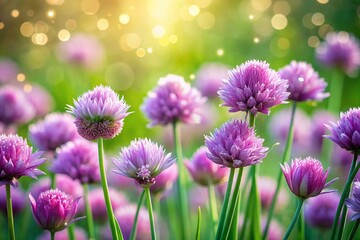 Fototapeta premium Springtime Allium Schoenoprasum Flowers, Blooming Chives, Soft Focus, Copy Space