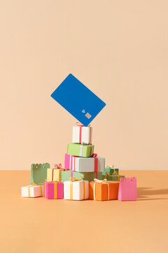 Colorful Gift Boxes With Credit Card for Online Shopping Concept