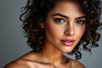 Naklejka premium Close-Up Portrait of a Young Woman with Curly Hair and Natural Makeup
