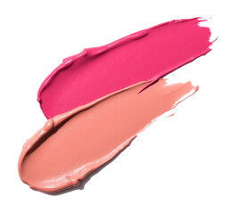 Feminine Lipstick Swatches, two creamy pink lipstick smears in bold and pastel shades, displayed on a white background, showcasing smooth textures, perfect for makeup ads, beauty branding