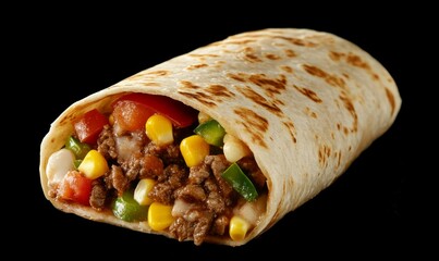 A delicious burrito filled with fresh beef, vegetables such as peppers and corn, all wrapped in a tortilla.