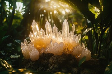 A group of colorful crystals sit atop a rugged rock, perfect for decorative or scientific use