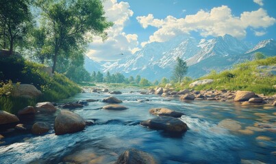 A natural river scene showing a fast-flowing stream with many rocks visible in the water.