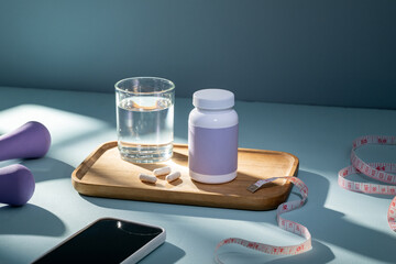 Fitness and Wellness Essentials on Blue Background