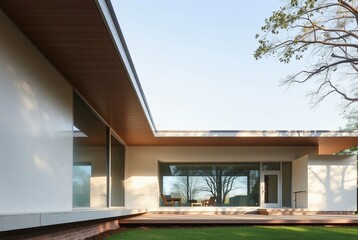 Fototapeta premium Modern Minimalist House with Expansive Windows and Outdoor Seating Area