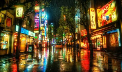 A night of the neon street at the downtown in Shinjuku Tokyo wide shot