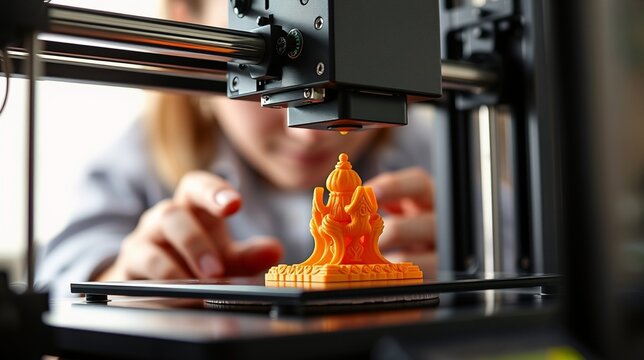 Close-up of a 3D Printer Creating an Intricate Orange Model with Focus on Precision Engineering