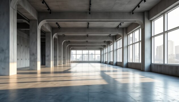 Empty modern hall with big windows offering city view. Concrete walls, floor create industrial style. Spacious, bright interior with natural light. Suitable for commercial space display event