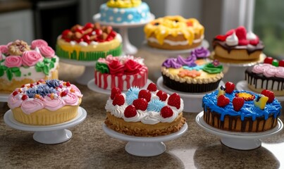 A variety of decorated cakes and pies on a counter top.