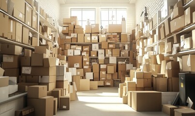 A room filled with stacked boxes, indicating a busy shipping and receiving operation.