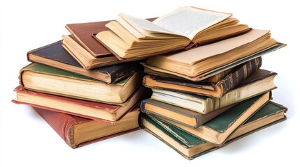 A detailed view of several textbooks piled together on a crisp white surface, with pages slightly open, capturing the essence of study, learning, and education in a serene setting.